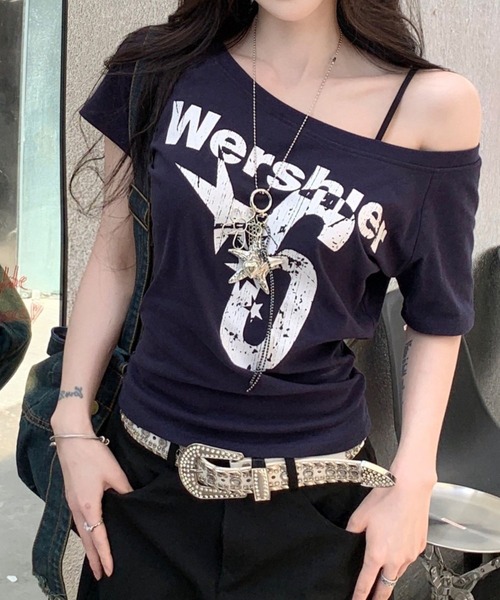 tシャツ オフショルロゴプリントトップス レディース SPIGA tシャツ オフショルロゴプリントトップス レディース