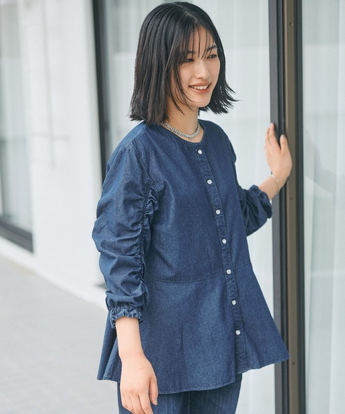 ブラウス シャツ SOMETHINGシャーリングスリーブデニムブラウス
