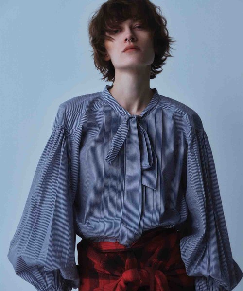 ブラウス シャツ 「crinkle crinkle crinkle」tuck ribbon stripe blouse/タックリボンストライプブラウス