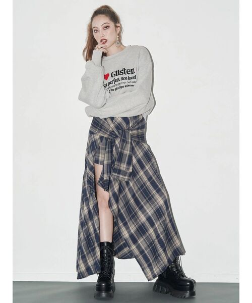 EVRIS スリーブデザインチェックアシンメトリースカート　トップス　上下セット スリーブデザインチェックアシンメトリースカート[品番：MKSW0066701