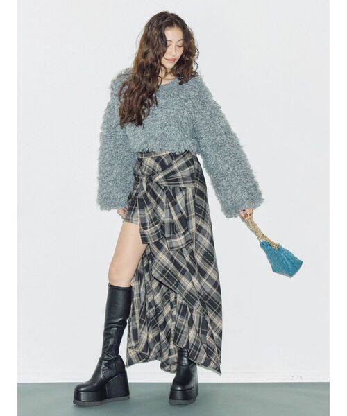 EVRIS スリーブデザインチェックアシンメトリースカート　トップス　上下セット スリーブデザインチェックアシンメトリースカート[品番：MKSW0066701
