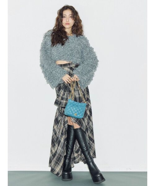 EVRIS スリーブデザインチェックアシンメトリースカート　トップス　上下セット スリーブデザインチェックアシンメトリースカート[品番：MKSW0066701