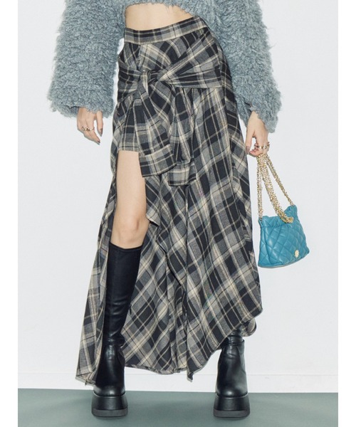 EVRIS スリーブデザインチェックアシンメトリースカート　トップス　上下セット EVRIS（エヴリス） スカート スリーブデザインチェックアシンメトリー