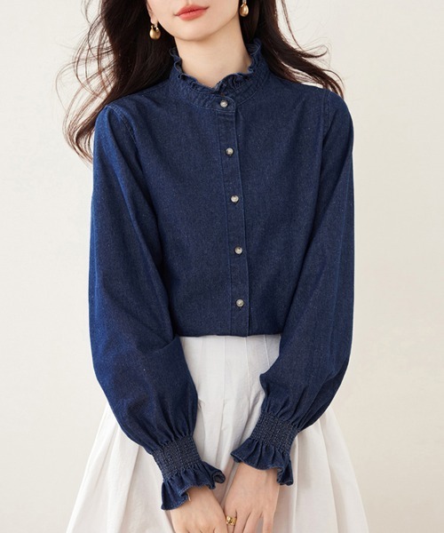 ブラウス シャツ フリル付きデニムブラウス レディース : ZOZOTOWN