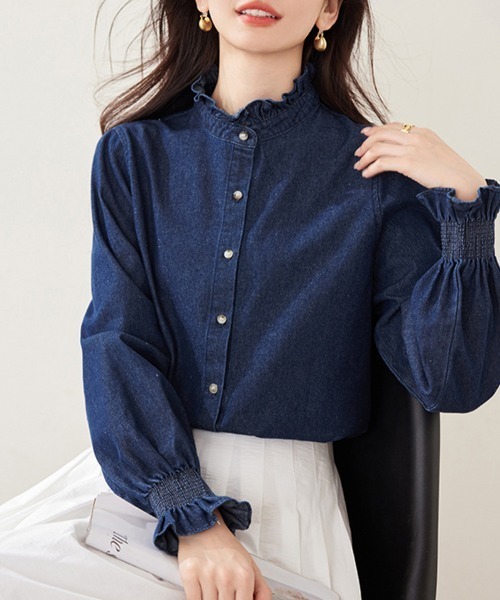 ブラウス シャツ フリル付きデニムブラウス レディース : ZOZOTOWN