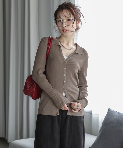 カーディガン スキッパーデザインリブニットカーディガン レディース