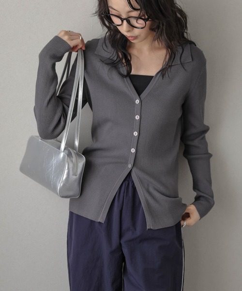カーディガン スキッパーデザインリブニットカーディガン レディース