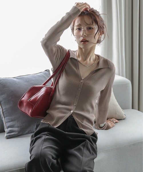 カーディガン スキッパーデザインリブニットカーディガン レディース