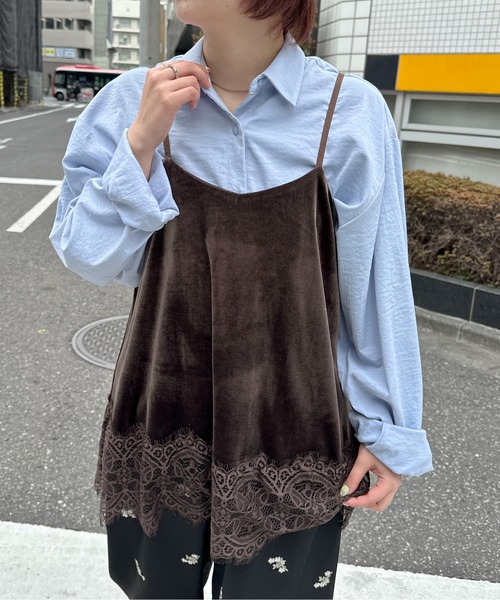 PILIT キャミソール 「セットアップ可」裾レースベロアキャミ