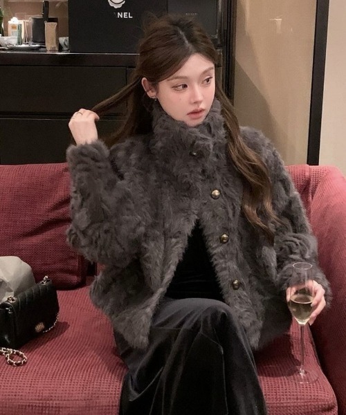 コート アウター もこもこ フェイクファー スタンドカラー レディース