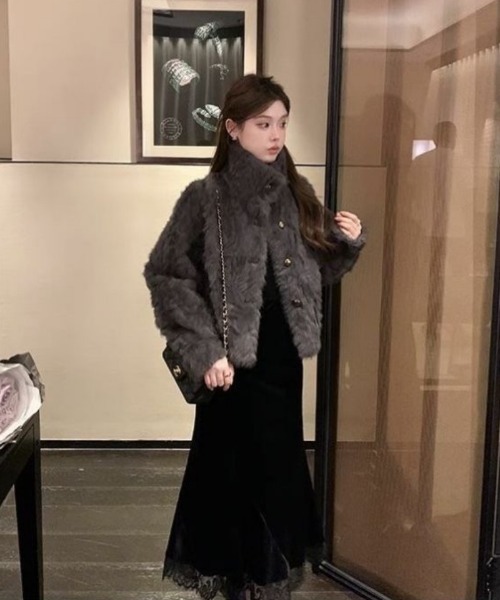 コート アウター もこもこ フェイクファー スタンドカラー レディース