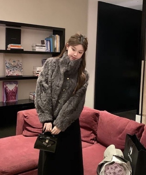 コート アウター もこもこ フェイクファー スタンドカラー レディース