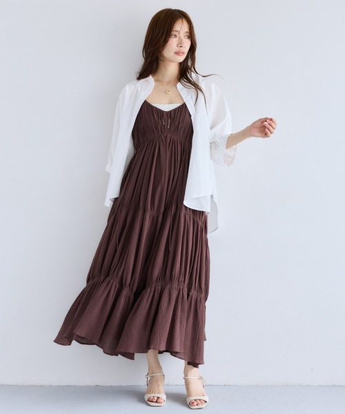 極美品✨️25SS　19万　ドゥロワー　シルクジョーゼットギャザーワンピース　38 mysty woman（ミスティウーマン） ワンピース 夏 シャーリングギャザー