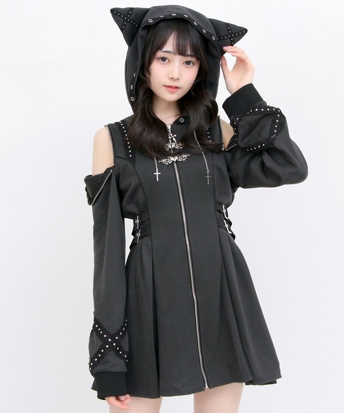 DearMyLove ワンピース 十字架ねこ耳ファスナースタッズパーカー