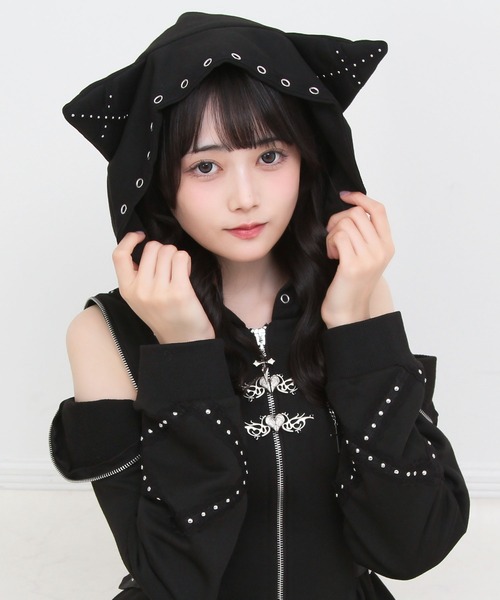 DearMyLove ワンピース 十字架ねこ耳ファスナースタッズパーカー