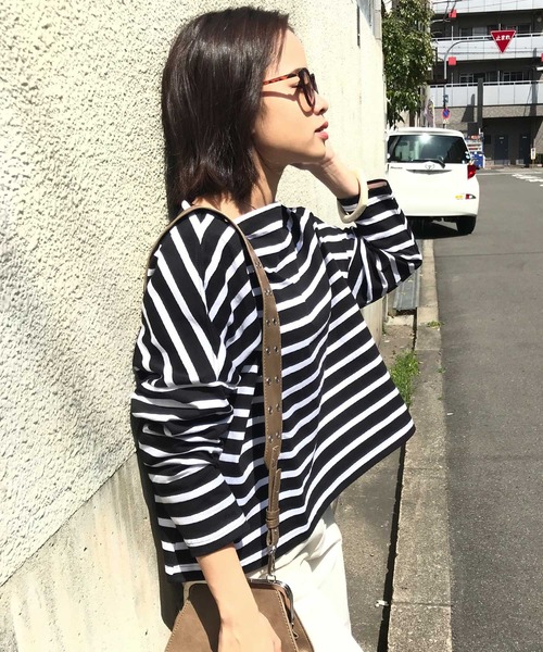 Fashion Letter tシャツ ヘビーコットンボーダーBIGバスクシャツ