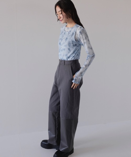 Uenui ワイドパンツ パンツ フェイクレザー スウィッチング パンツ
