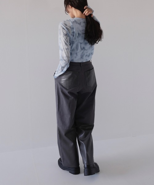Uenui ワイドパンツ パンツ フェイクレザー スウィッチング パンツ