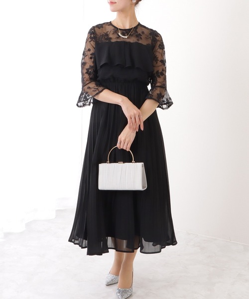 ベルベット ワンピース リボン フェミニン フォーマル 長袖 5 Lace Ladies ドレス ボタニカルレース ベルスリーブ 5分袖
