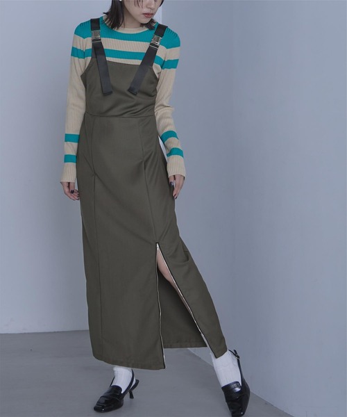 【美品】ジェーンスミス ジャンパースカート リネン ストライプ スリット JOHN MASON SMITH / JANE SMITH】ウォッシュドキュプラ