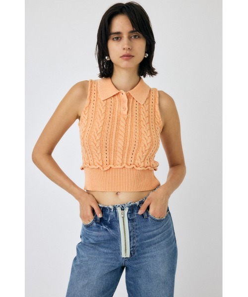 タンクトップ ノースリーブ CABLE KNIT POLO タンクトップ レディース