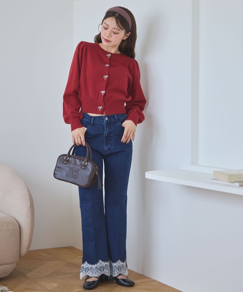 美品☆Rene☆リボン紺色ニットカーディガン☆34☆長袖トップス ネイビーコーデ リボン付きセーラー襟ニットカーディガン T