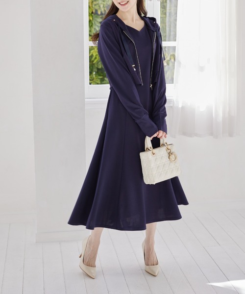ハートネックフレアワンピース 無地 フェミニン 七分袖 ベルト付 tocco closet ワンピース UVカット♪ハートネックフレア