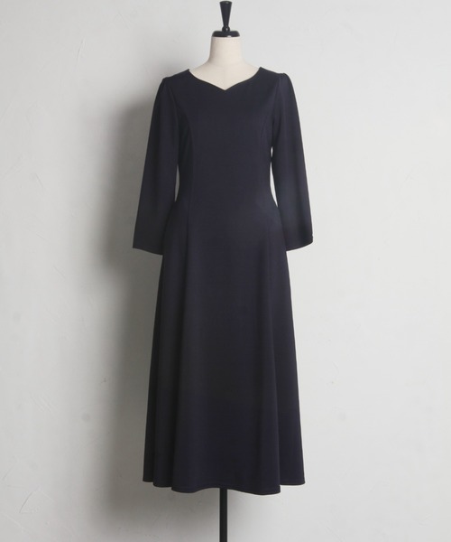 ハートネックフレアワンピース 無地 フェミニン 七分袖 ベルト付 tocco closet ワンピース UVカット♪ハートネックフレア