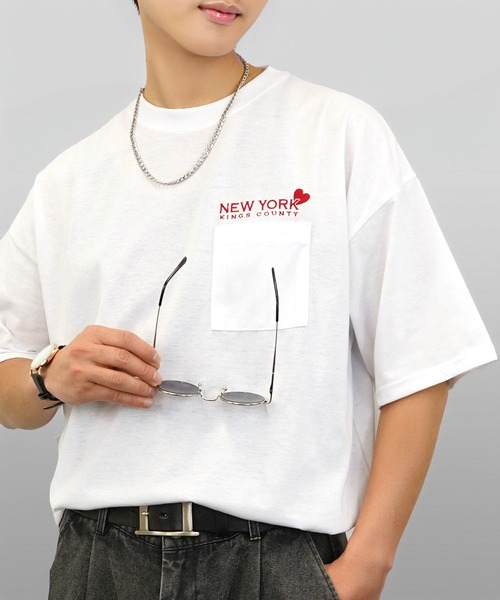 ホワイト 半袖Tシャツ ハート刺繍 tシャツ Tシャツ 半袖 ハート 刺繍 ポケット メンズ レディース