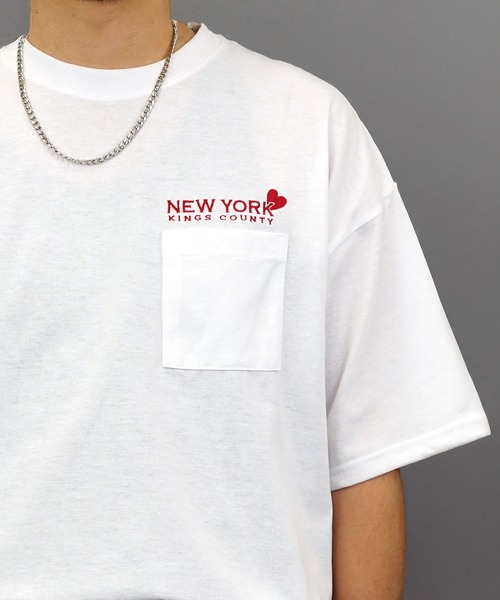 ホワイト 半袖Tシャツ ハート刺繍 tシャツ Tシャツ 半袖 ハート 刺繍 ポケット メンズ レディース
