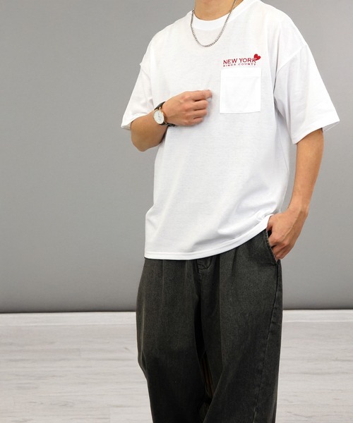 tシャツ Tシャツ 半袖 ハート 刺繍 ポケット メンズ レディース