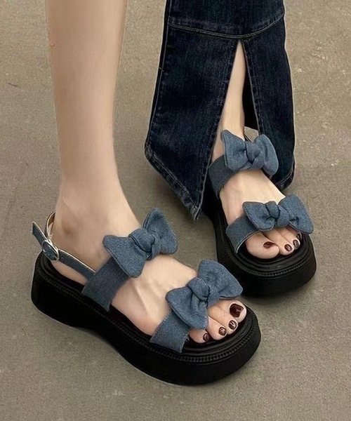 【新品未使用】　LETALON ダブルリボン黒23センチ Lace Ladies サンダル ダブル リボン ストラップ 厚底 デニム