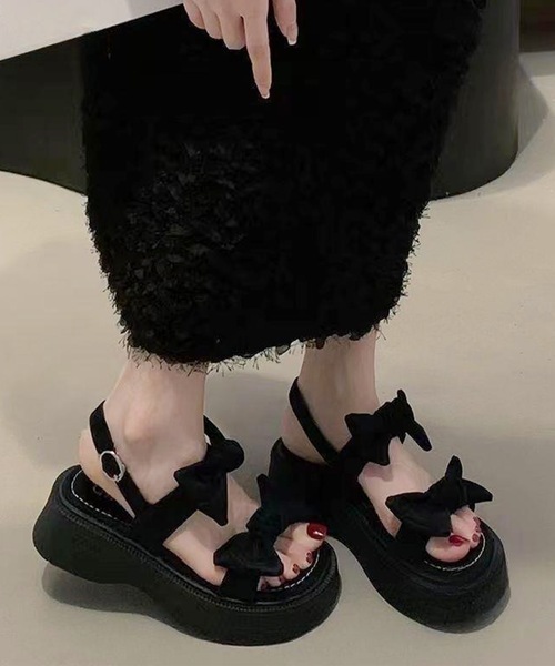 Lace Ladies サンダル ダブル リボン ストラップ 厚底 デニム