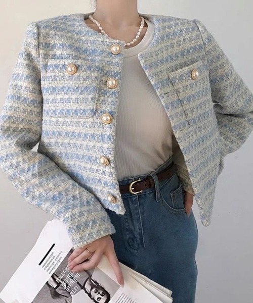 SEU ジャケット ノーカラージャケット ノーカラーツイードショート