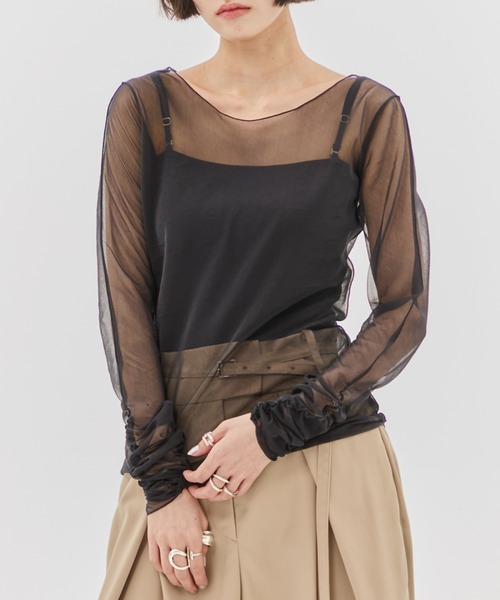 tシャツ 「STUDIOUS/ステュディオス」Gathered Sleeve Sheer Top/ギャザースリーブシアートップス レディース