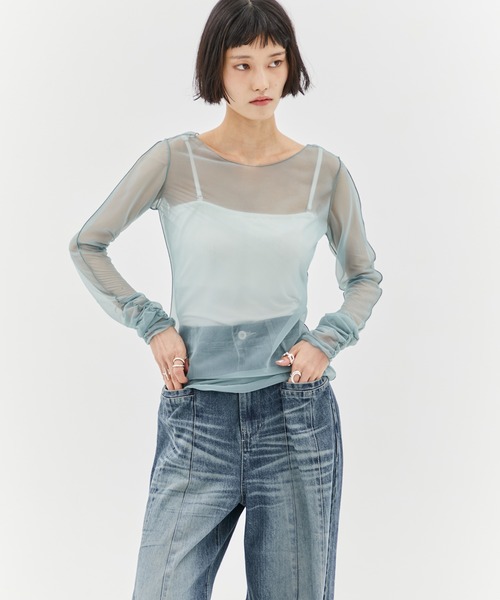 tシャツ 「STUDIOUS/ステュディオス」Gathered Sleeve Sheer Top/ギャザースリーブシアートップス レディース STUDIOUS tシャツ 「STUDIOUS/ステュディオス」Gathered Sleeve