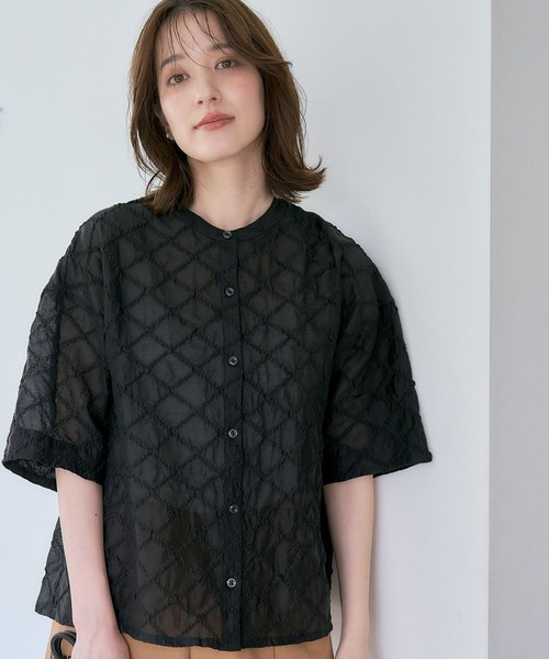 ブラウス シャツ シアーチェックハーフZIPシャツ レディース DOUBLE NAME ブラウス シャツ シアーチェックハーフZIPシャツ