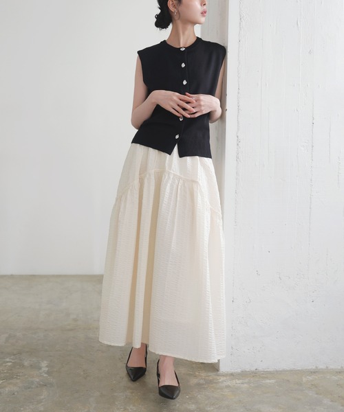 6【新品タグ付き】natural by clip シャーリングフレアスカート STYLEBLOCK スカート メタリックタフタギャザーフレアスカート