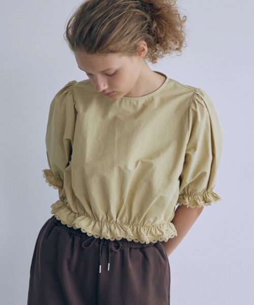 ブラウス シャツ Lace Trim Volume Tops レディースの画像
