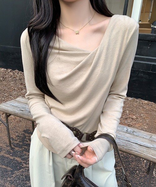 【CITYSHOP】25SS 25051042826010 DRAPE NECK ドレープネック長袖ブラウス Kelsey Draped Mock Neck Top - Mocha | Fashion Nova