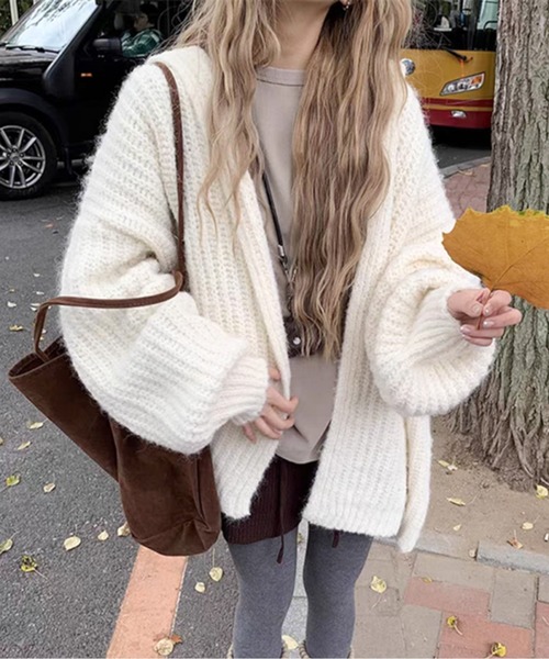 カーディガン フード付きミドル丈ニットカーディガン レディース