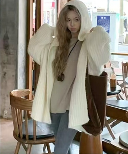 カーディガン フード付きミドル丈ニットカーディガン レディース