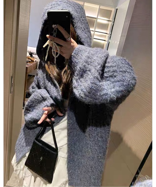 カーディガン フード付きミドル丈ニットカーディガン レディース