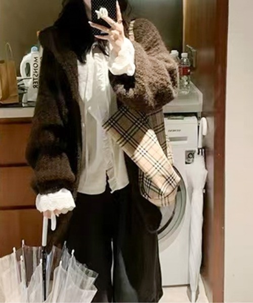 カーディガン フード付きミドル丈ニットカーディガン レディース