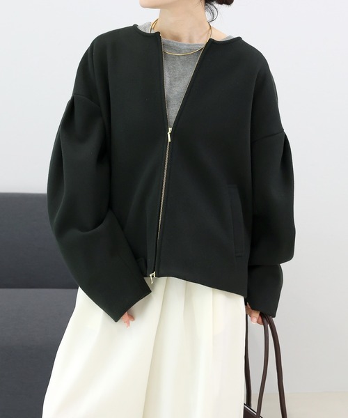 Aletta vita ブルゾン アウター フェイクウールノーカラーダブルジップ