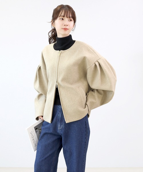 Aletta vita ブルゾン アウター フェイクウールノーカラーダブルジップ