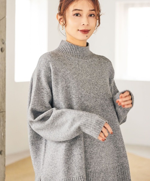 英国製 ビンテージ ネップウール ビッグシルエット ハイネック ケーブルニット シェニールケーブルVネックロングニットトップス｜WOMEN｜250HAG70