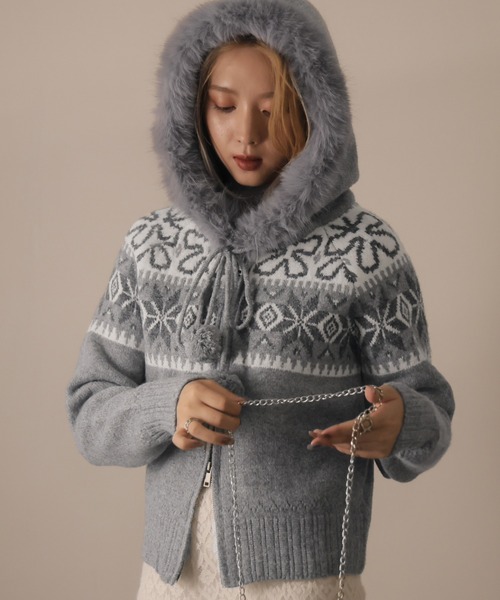 はるゆり様　BOGNERファー付き ニットパーカー ULYSSES パーカー ノルディック柄ファー付きニットパーカー レディース