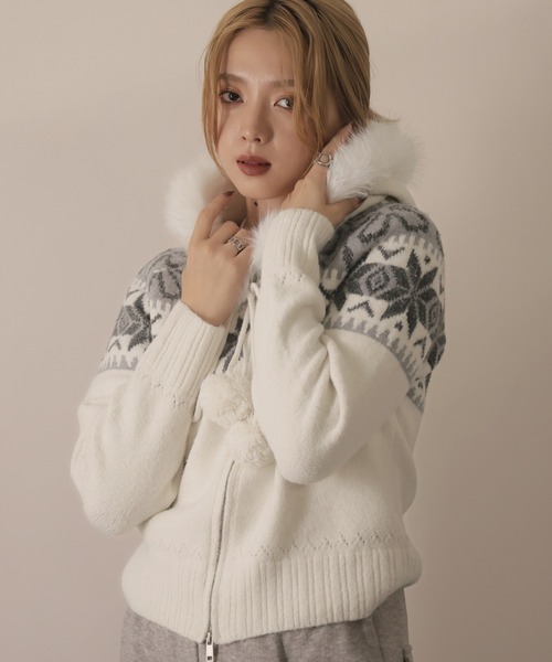 ULYSSES パーカー ノルディック柄ファー付きニットパーカー レディース