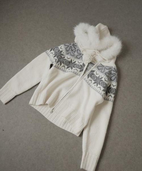 ULYSSES パーカー ノルディック柄ファー付きニットパーカー レディース